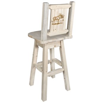 Homestead Counter Height Barstool w/ Back, Swivel, & Laser Engraved Moose Design - Clear Lacquer Finish