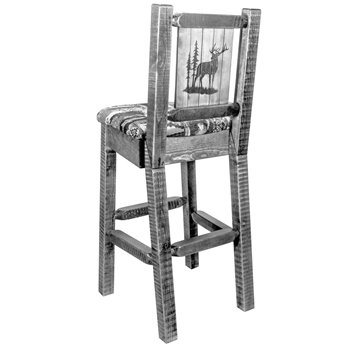 Homestead Barstool w/ Back, Woodland Upholstery Seat & Laser Engraved Elk Design - Clear Lacquer Finish