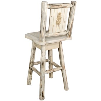 Montana Barstool w/ Back, Swivel, & Laser Engraved Pine Tree Design - Clear Lacquer Finish