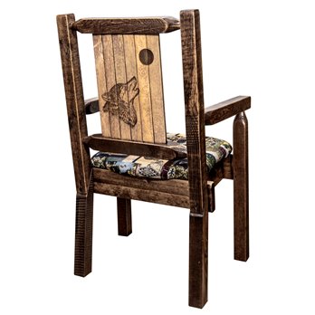 Homestead Captain's Chair w/ Woodland Upholstery & Laser Engraved Wolf Design - Stain & Lacquer Finish