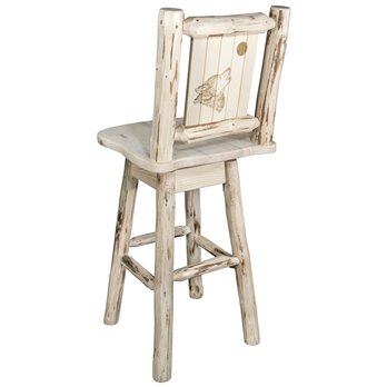 Montana Barstool w/ Back, Swivel, & Laser Engraved Wolf Design - Clear Lacquer Finish