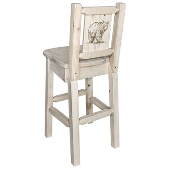 Homestead Counter Height Barstool w/ Back & Laser Engraved Bear Design - Clear Lacquer Finish