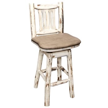 Montana Barstool w/ Back, Swivel, & Upholstered Seat in Buckskin Pattern - Clear Lacquer Finish