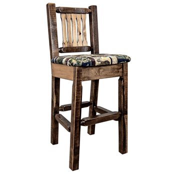 Homestead Counter Height Barstool w/ Back & Woodland Upholstery - Stain & Lacquer Finish