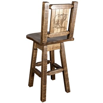 Homestead Counter Height Barstool w/ Back, Swivel, & Engraved Bear Design - Stain & Lacquer Finish