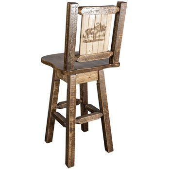Homestead Counter Height Barstool w/ Back, Swivel, & Laser Engraved Moose Design - Stain & Lacquer Finish