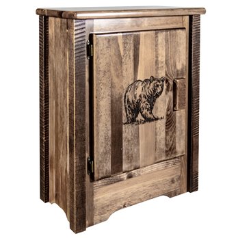Homestead Left Hinged Accent Cabinet w/ Laser Engraved Bear Design - Stain & Clear Lacquer Finish