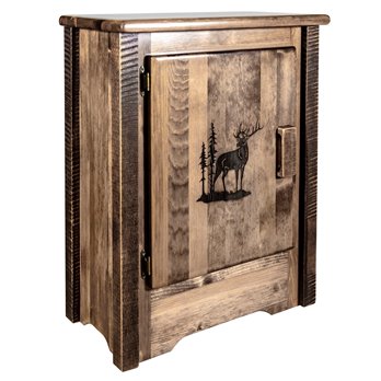 Homestead Left Hinged Accent Cabinet w/ Laser Engraved Elk Design - Stain & Clear Lacquer Finish