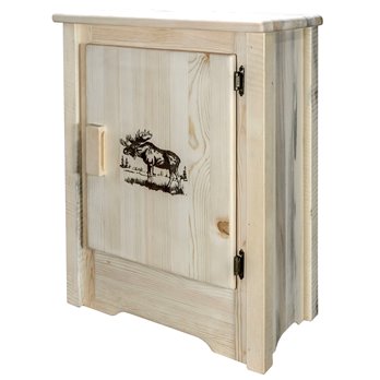 Homestead Right Hinged Accent Cabinet w/ Laser Engraved Moose Design - Clear Lacquer Finish