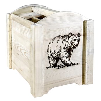 Homestead Magazine Rack w/ Laser Engraved Bear Design - Clear Lacquer Finish