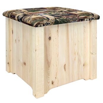 Homestead Upholstered Ottoman w/ Storage & Woodland Upholstery - Clear Lacquer Finish