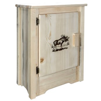Homestead Left Hinged Accent Cabinet w/ Laser Engraved Moose Design - Clear Lacquer Finish