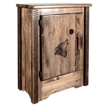 Homestead Left Hinged Accent Cabinet w/ Laser Engraved Wolf Design - Stain & Clear Lacquer Finish