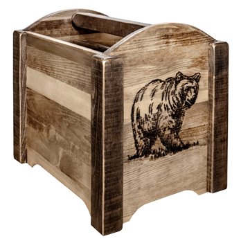 Homestead Magazine Rack w/ Laser Engraved Bear Design - Stain & Clear Lacquer Finish