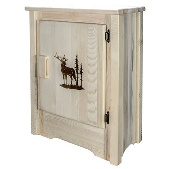 Homestead Right Hinged Accent Cabinet w/ Laser Engraved Elk Design - Clear Lacquer Finish