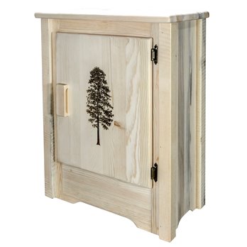 Homestead Right Hinged Accent Cabinet w/ Laser Engraved Pine Design - Clear Lacquer Finish
