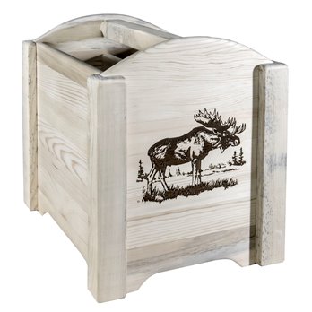 Homestead Magazine Rack w/ Laser Engraved Moose Design - Clear Lacquer Finish