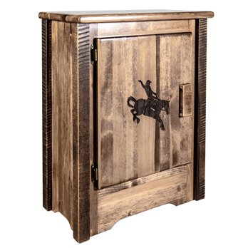 Homestead Left Hinged Accent Cabinet w/ Laser Engraved Bronc Design - Stain & Clear Lacquer Finish