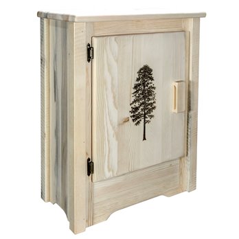 Homestead Left Hinged Accent Cabinet w/ Laser Engraved Pine Design - Clear Lacquer Finish