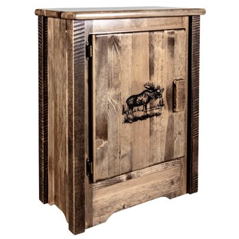 Homestead Left Hinged Accent Cabinet w/ Laser Engraved Moose Design - Stain & Clear Lacquer Finish