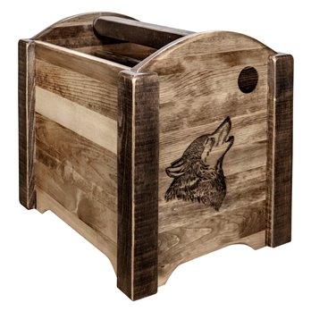 Homestead Magazine Rack w/ Laser Engraved Wolf Design - Stain & Clear Lacquer Finish