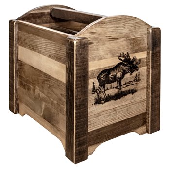 Homestead Magazine Rack w/ Laser Engraved Moose Design - Stain & Clear Lacquer Finish