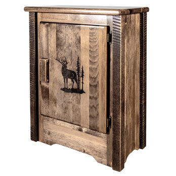 Homestead Right Hinged Accent Cabinet w/ Laser Engraved Elk Design - Stain & Clear Lacquer Finish