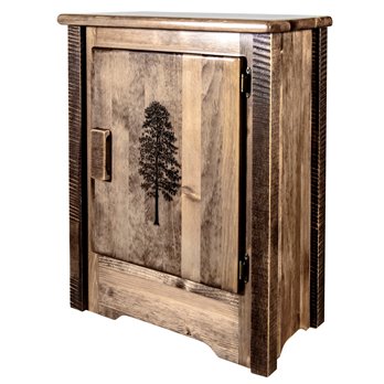 Homestead Right Hinged Accent Cabinet w/ Laser Engraved Pine Design - Stain & Clear Lacquer Finish