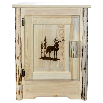 Montana Left Hinged Accent Cabinet w/ Laser Engraved Elk Design - Clear Lacquer Finish