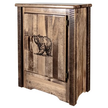 Homestead Right Hinged Accent Cabinet w/ Laser Engraved Bear Design - Stain & Clear Lacquer Finish
