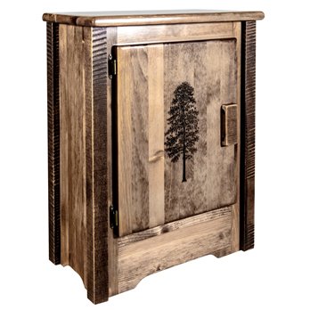 Homestead Left Hinged Accent Cabinet w/ Laser Engraved Pine Design - Stain & Clear Lacquer Finish