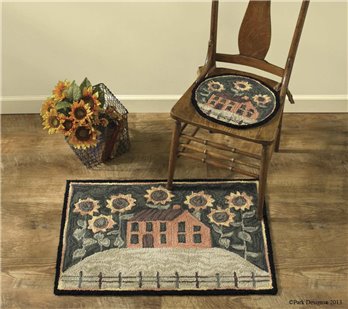 House and Sunflower Hooked Rug 24" x 36"