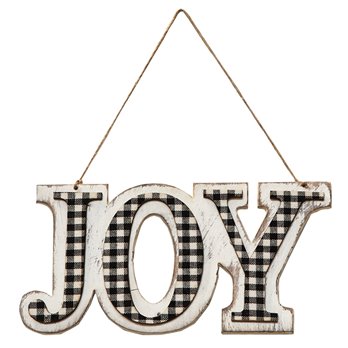 Wooden JOY Black & White Gingham Hanging Sign 7.75"W