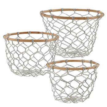 Round Fishnet Wire And Wood Baskets Set Of 3