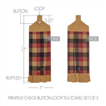 Heritage Farms Primitive Check Button Loop Tea Towel Set of 3