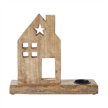 Tealight Holder Wooden Saltbox House w/ Star Natural 10.25x9x2.5