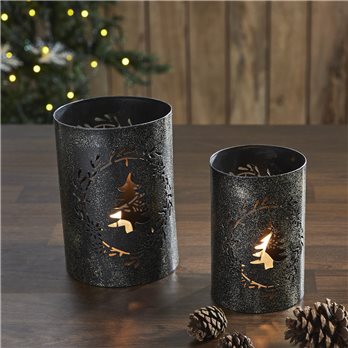Gold Dusted Wreath and Tree Metal Candle Holder Set of 2 - 5.9/7 inch
