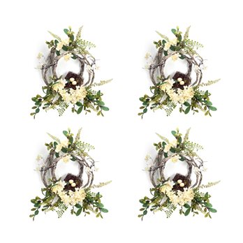 Woven Grapevine Wreath with Hydrangea and Bird Nest Accents (Set of 4)