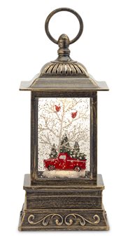 LED Snow Globe Lantern with Truck and Forest Scene 10.25"H