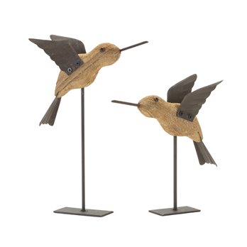 Natural Fir Wood Bird Figurine with Rustic Metal Accents (Set of 2)
