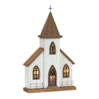 Lighted Natural Wooden Church Display with Rustic Metal Accents 17.5"H