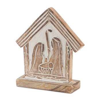 Wood Carved Nativity Barn (Set of 2)
