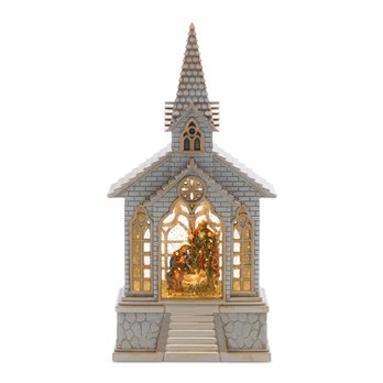 LED Snow Globe Church with Nativity 8.25"H