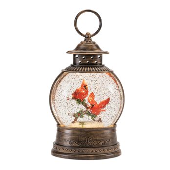 LED Snow Globe Lantern with Cardinal Bird Couple 8.25"H
