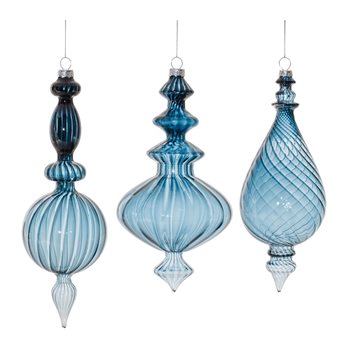 Blue Ribbed Glass Finial Drop Ornament (Set of 6)