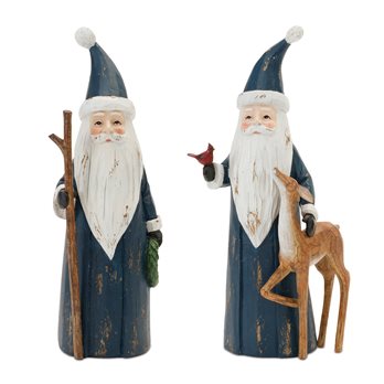 Carved Woodland Santa with Deer Figurine (Set of 2)
