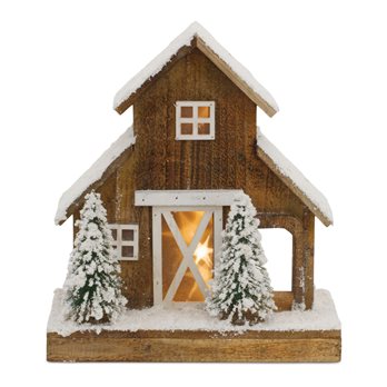 LED Flocked Winter Barn Display 12"H