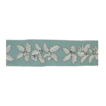 Blue and Silver Sequined Holly Wired Ribbon 4" x 5yds