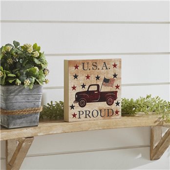 My Country USA Proud Red Truck w/ Red &amp; Blue Stars MDF Block Sign 6x6x1