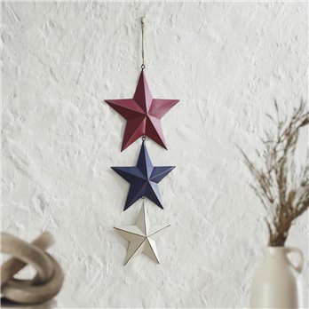 Painted Metal RWB Stars Wall Hanging w/ Jute Twine 20x8x1
